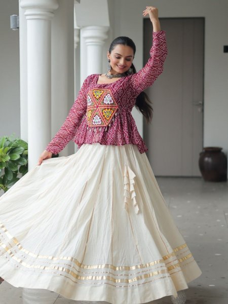 Burgundy Kora Cotton Bandhani Lehenga with Gota Patti Lace Navratri Special Offer 