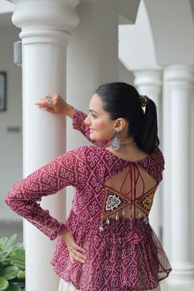 Burgundy Kora Cotton Bandhani Lehenga with Gota Patti Lace Navratri Special Offer Navratri Collection