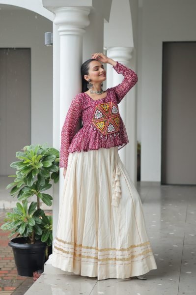 Burgundy Kora Cotton Bandhani Lehenga with Gota Patti Lace Navratri Special Offer Navratri Collection