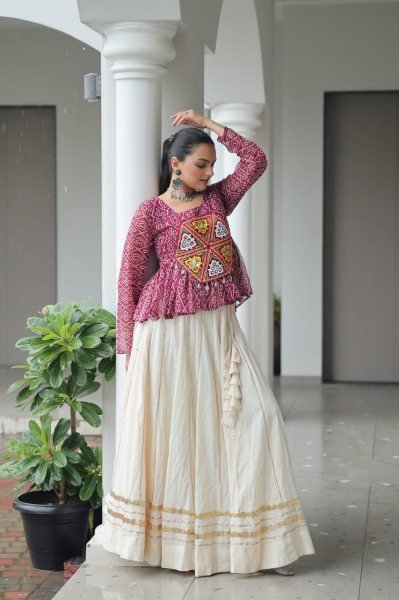 Burgundy Kora Cotton Bandhani Lehenga with Gota Patti Lace Navratri Special Offer Navratri Collection