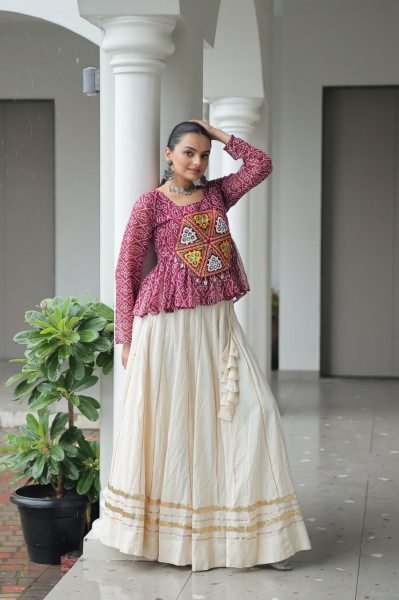 Burgundy Kora Cotton Bandhani Lehenga with Gota Patti Lace Navratri Special Offer Navratri Collection