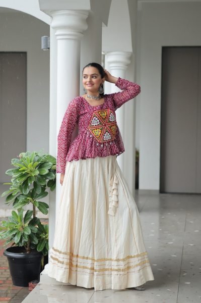Burgundy Kora Cotton Bandhani Lehenga with Gota Patti Lace Navratri Special Offer Navratri Collection