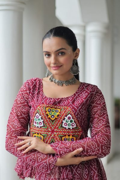 Burgundy Kora Cotton Bandhani Lehenga with Gota Patti Lace Navratri Special Offer Navratri Collection