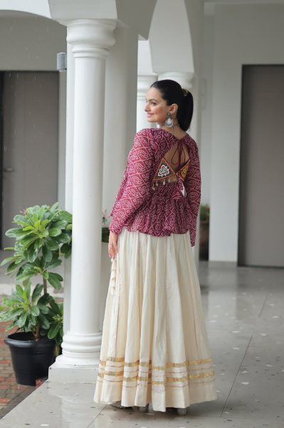 Burgundy Kora Cotton Bandhani Lehenga with Gota Patti Lace Navratri Special Offer Navratri Collection