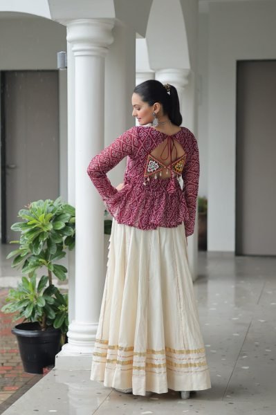 Burgundy Kora Cotton Bandhani Lehenga with Gota Patti Lace Navratri Special Offer Navratri Collection