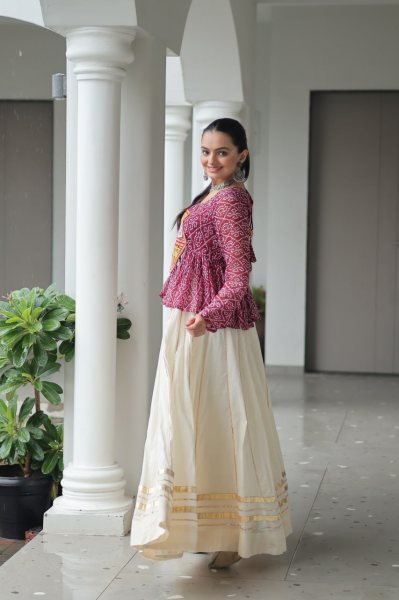 Burgundy Kora Cotton Bandhani Lehenga with Gota Patti Lace Navratri Special Offer Navratri Collection