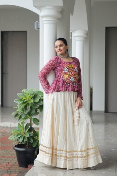 Burgundy Kora Cotton Bandhani Lehenga with Gota Patti Lace Navratri Special Offer Navratri Collection