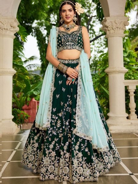 Trendy Green Organza Sequin Lehenga Set with Sweetheart Neck Ideal for Brides and Bridesmaids  Lehenga