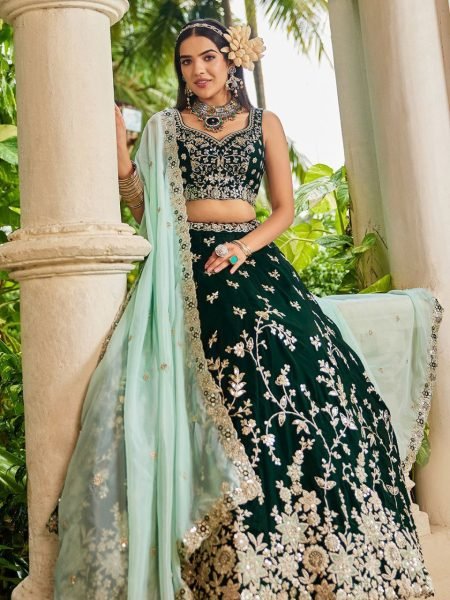 Trendy Green Organza Sequin Lehenga Set with Sweetheart Neck Ideal for Brides and Bridesmaids Bridal Lehenga Choli