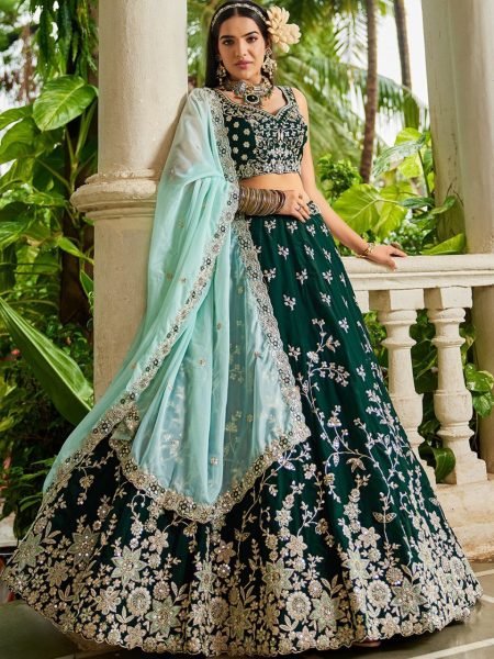 Trendy Green Organza Sequin Lehenga Set with Sweetheart Neck Ideal for Brides and Bridesmaids Bridal Lehenga Choli