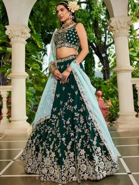 Trendy Green Organza Sequin Lehenga Set with Sweetheart Neck Ideal for Brides and Bridesmaids Bridal Lehenga Choli