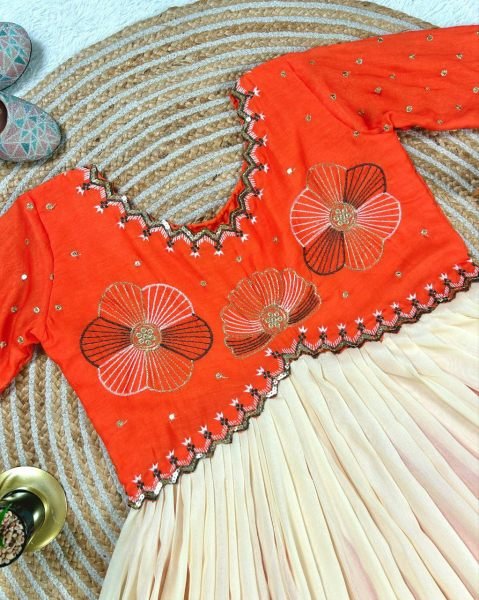 Burnt Orange Mulmul Cotton Anarkali Elegant Threadwork  & Ready to Wear Fit Anarkali Kurtis 