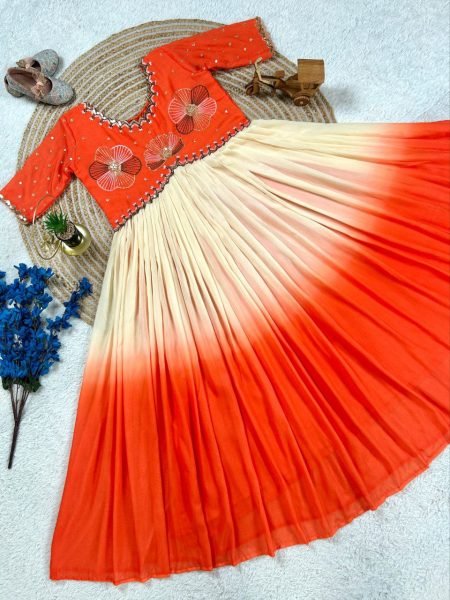 Burnt Orange Mulmul Cotton Anarkali Elegant Threadwork  & Ready to Wear Fit Anarkali Kurtis 