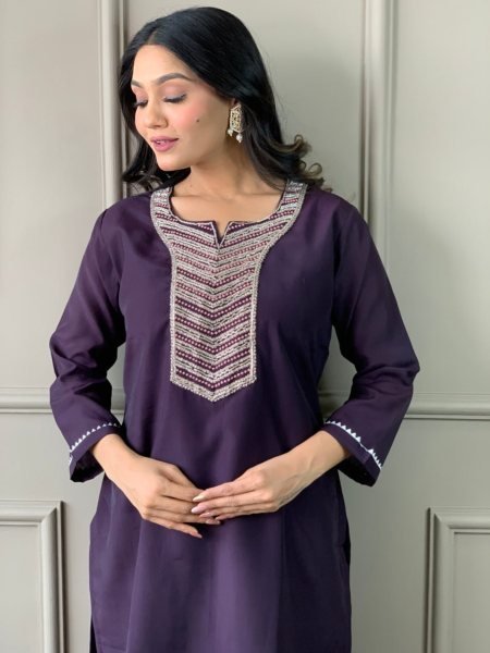 Buy Beautiful wine  Color Silk  Kurti  set with Hand Embroidery Work in Wholesale rate  3 Piece Kurti Set