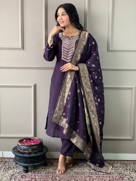 Buy Beautiful wine  Color Silk  Kurti  set with Hand Embroidery Work in Wholesale rate  3 Piece Kurti Set