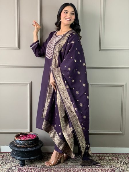 Buy Beautiful wine  Color Silk  Kurti  set with Hand Embroidery Work in Wholesale rate  3 Piece Kurti Set