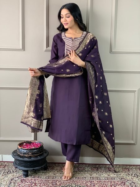 Buy Beautiful wine  Color Silk  Kurti  set with Hand Embroidery Work in Wholesale rate  3 Piece Kurti Set