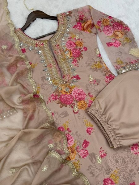 Buy brown colour Premium Kundan Organza Embroidered Suit Set for women  3 Piece Kurti Set
