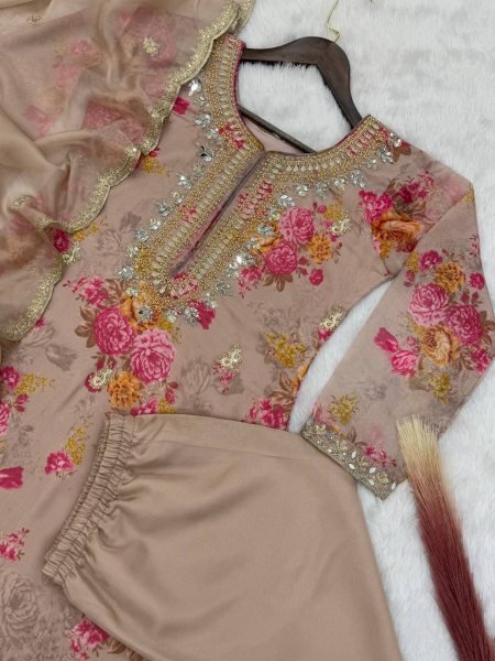 Buy brown colour Premium Kundan Organza Embroidered Suit Set for women  3 Piece Kurti Set
