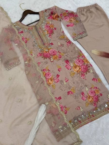 Buy brown colour Premium Kundan Organza Embroidered Suit Set for women  3 Piece Kurti Set