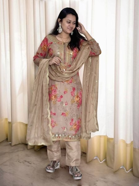 Buy brown colour Premium Kundan Organza Embroidered Suit Set for women  3 Piece Kurti Set
