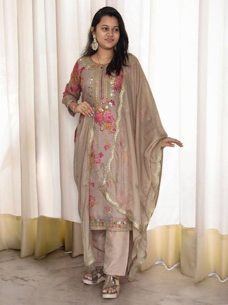 Buy brown colour Premium Kundan Organza Embroidered Suit Set for women  3 Piece Kurti Set