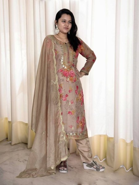 Buy brown colour Premium Kundan Organza Embroidered Suit Set for women  3 Piece Kurti Set
