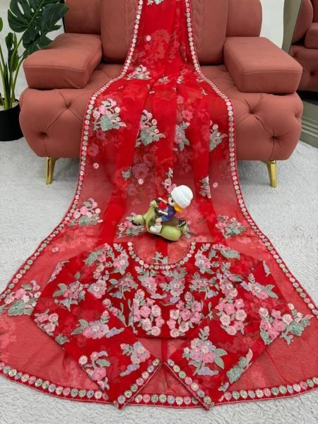 Buy Designer Heavy Georgette Red Color Saree with  Sequence work Georgette Sarees Wholesale