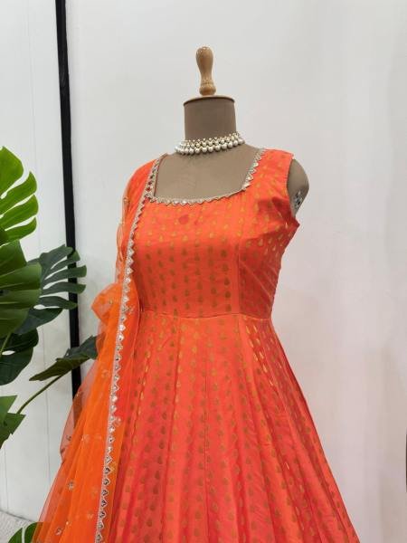 Buy Elegant Orange Jacquard Silk Anarkali Gown with Dupatta Online for Party Wear Anarkali Kurtis 