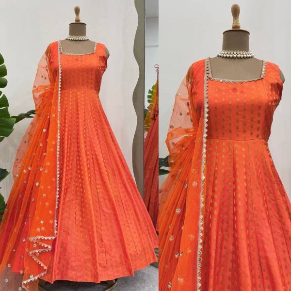 Buy Elegant Orange Jacquard Silk Anarkali Gown with Dupatta Online for Party Wear Anarkali Kurtis 