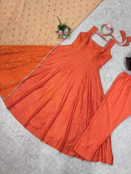 Buy Elegant Orange Jacquard Silk Anarkali Gown with Dupatta Online for Party Wear Anarkali Kurtis 