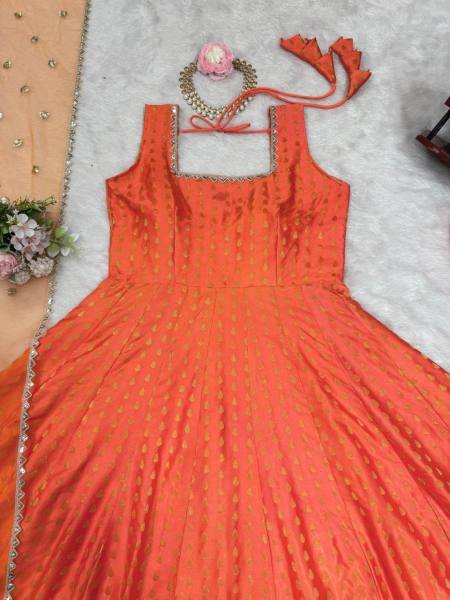 Buy Elegant Orange Jacquard Silk Anarkali Gown with Dupatta Online for Party Wear Anarkali Kurtis 