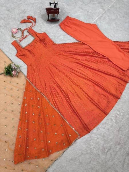 Buy Elegant Orange Jacquard Silk Anarkali Gown with Dupatta Online for Party Wear Anarkali Kurtis 