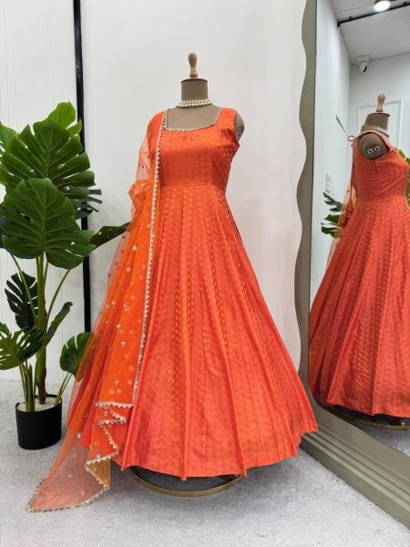 Buy Elegant Orange Jacquard Silk Anarkali Gown with Dupatta Online for Party Wear Anarkali Kurtis 