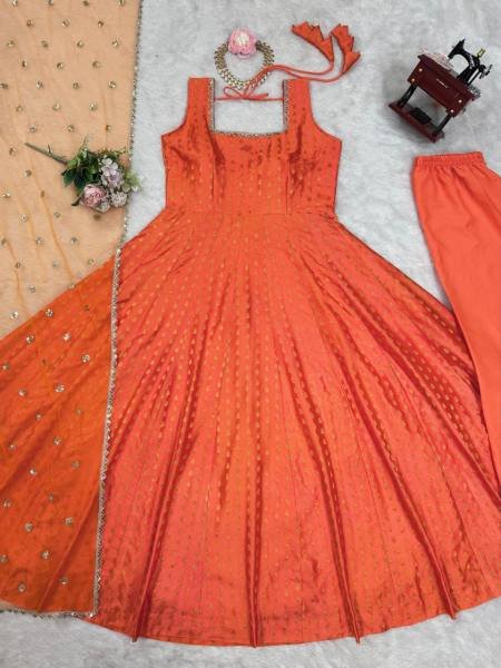 Buy Elegant Orange Jacquard Silk Anarkali Gown with Dupatta Online for Party Wear Anarkali Kurtis 
