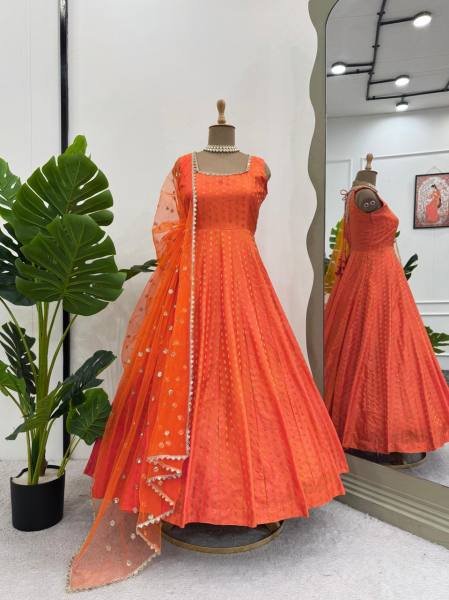 Buy Elegant Orange Jacquard Silk Anarkali Gown with Dupatta Online for Party Wear Anarkali Kurtis 