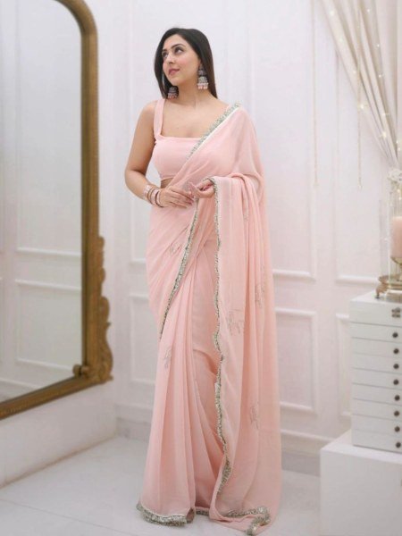 Buy Georgette Saree Hand And Butta Work With Readyment Lace Sarees 