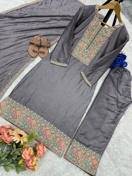 Buy Grey Color Vichitra Silk Fabric With Embroidered Work Suit Set With Fancy Dupatta  Ready To Wear Collection