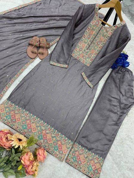 Buy Grey Color Vichitra Silk Fabric With Embroidered Work Suit Set With Fancy Dupatta  Ready To Wear Collection