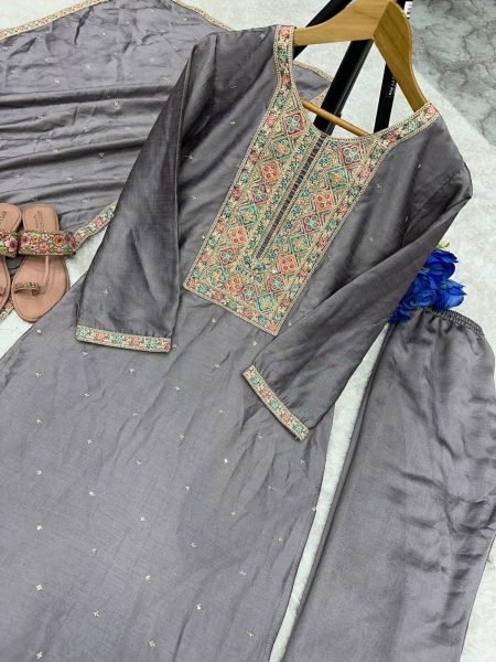 Buy Grey Color Vichitra Silk Fabric With Embroidered Work Suit Set With Fancy Dupatta  Ready To Wear Collection
