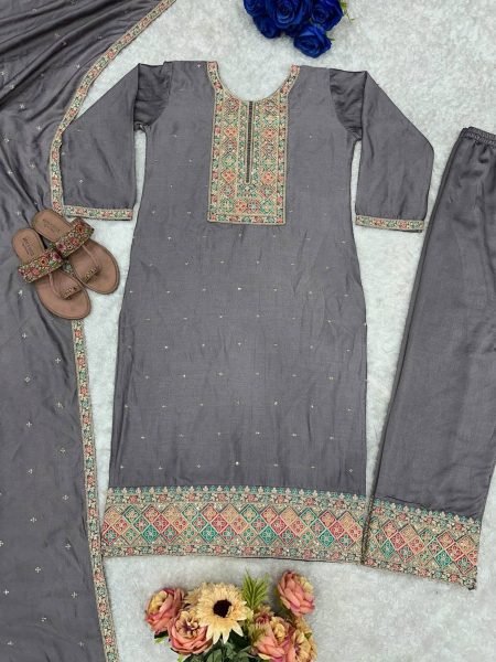 Buy Grey Color Vichitra Silk Fabric With Embroidered Work Suit Set With Fancy Dupatta  Ready To Wear Collection