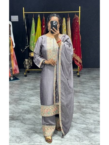 Buy Grey Color Vichitra Silk Fabric With Embroidered Work Suit Set With Fancy Dupatta  Ready To Wear Collection