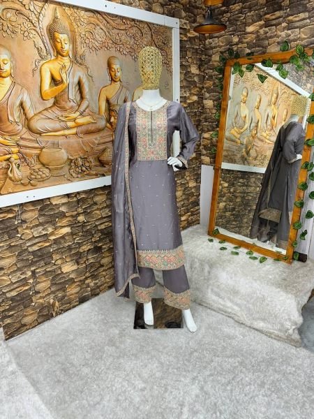 Buy Grey Color Vichitra Silk Fabric With Embroidered Work Suit Set With Fancy Dupatta  Ready To Wear Collection