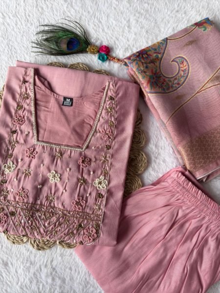 Buy Lightpink color Hand  work roman silk  Suit Set With Heavy Chanderi And Digital Print Dupatta  3 Piece Kurti Set