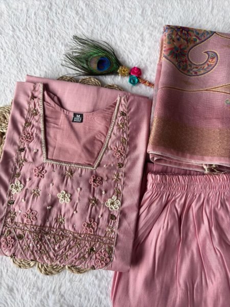 Buy Lightpink color Hand  work roman silk  Suit Set With Heavy Chanderi And Digital Print Dupatta  3 Piece Kurti Set