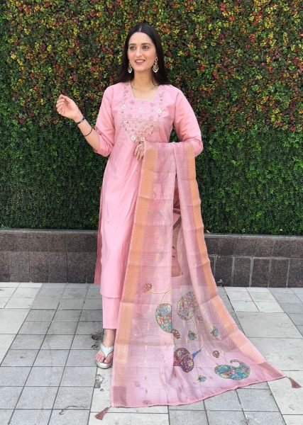Buy Lightpink color Hand  work roman silk  Suit Set With Heavy Chanderi And Digital Print Dupatta  3 Piece Kurti Set