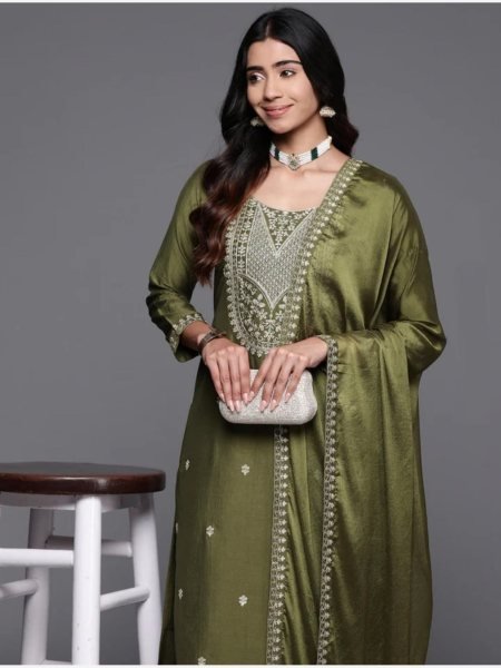 Buy Mahendi Color Viscos Chanderi Kurti set in Wholesale Rate 3 Piece Kurti Set