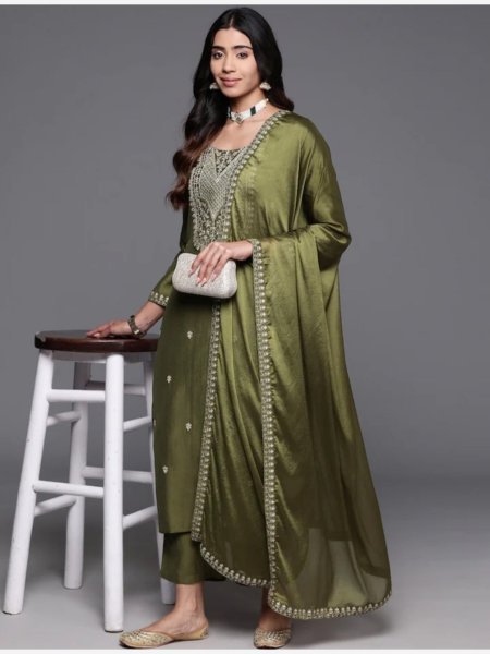 Buy Mahendi Color Viscos Chanderi Kurti set in Wholesale Rate 3 Piece Kurti Set