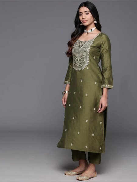 Buy Mahendi Color Viscos Chanderi Kurti set in Wholesale Rate 3 Piece Kurti Set