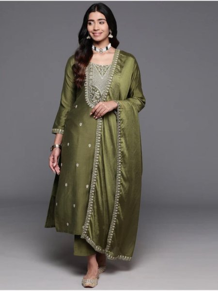 Buy Mahendi Color Viscos Chanderi Kurti set in Wholesale Rate 3 Piece Kurti Set